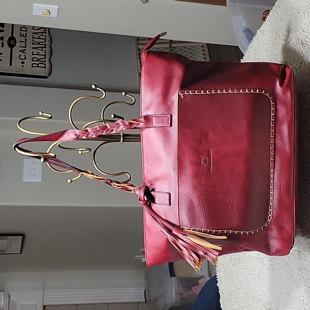Vibrant Red Leather Tote with Studded Details and Double Handles